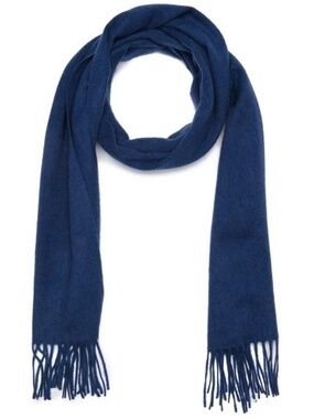 $198 - Qi Unisex Cashmere Royal Navy Double Faced Fringe Scarf 70" L x 14" W